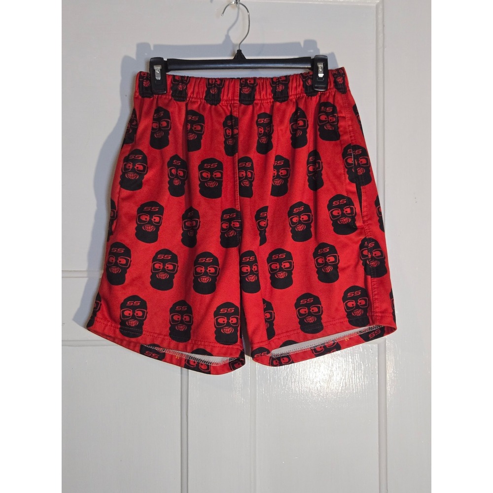 SS Streetwear Graphic Print Shorts Mens Red Black Masked Character Fleece Lining